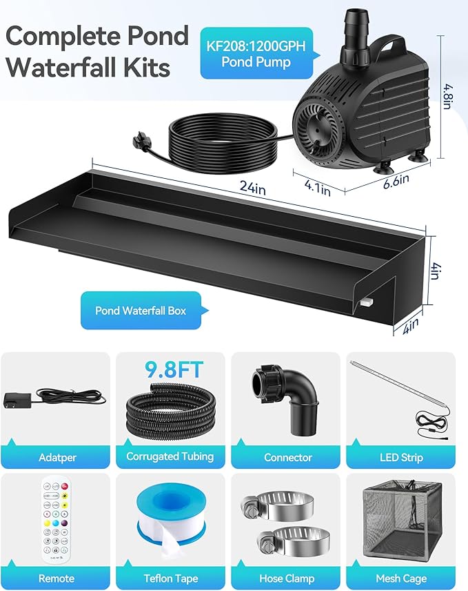 POPOSOAP Pond Waterfall Kit with Colorful LED Lights & 1200GPH Pond Pump, APP & Remote Control, Auto Timer, Pond Waterfall Spillway with 9.8FT Corrugated Tube for Pool, Garden, Patio, Backyard-P46D