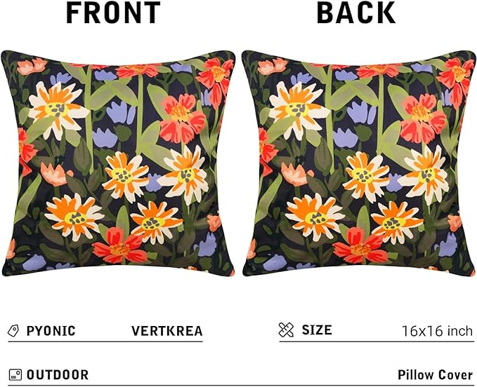 Pyonic Outdoor Pillows Covers Pack of 2 Spring Floral Waterproof Throw Pillow Covers 16X16 inch Outdoor Pillows for Patio Furniture Garden Square Outside Waterproof Pillow,Black