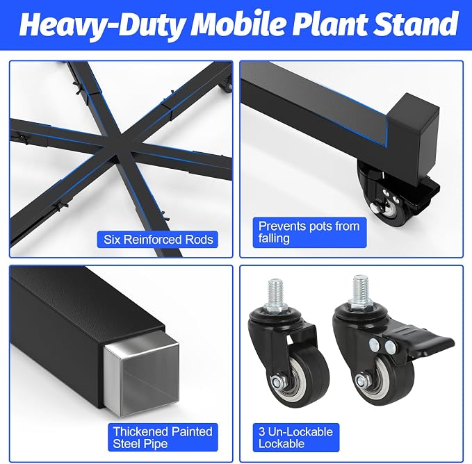 Plant Caddy With Wheels, Adjustable 16in to 23inch Metal Plant Stand | Heavy Duty Rolling Plant Dolly, With 4 Lockable Caster Wheels, For Indoor Outdoor Large Pots Planter, Holds Up to 800 Lbs