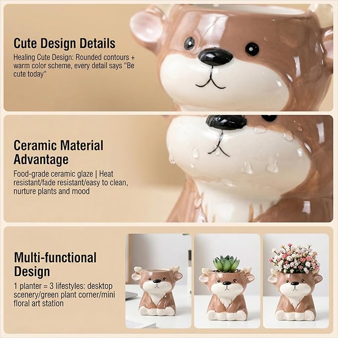 Cute Animal Ceramic Succulent Planters, Small Bonsai Planter, Aloe Cactus Succulent Plant Pots with Drainage Indoor Outdoor Use for Office Home Garden Decoration, Plants Not Included (Deer)