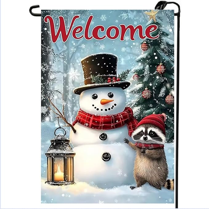 Welcome Winter Garden Flag 12x18 Double Sided, Small Burlap Seasonal Snowman Raccoon Bear Garden Flag Winter Christmas Outdoor Yard Decorations Porch Lawn Flags for Outside