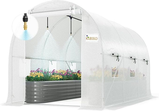 KING BIRD Premium 10x7x7 FT Greenhouse for Outdoors, Large Walk-in Heavy Duty Galvanized Steel Frame, Mesh Door Screen Window Tunnel Hoop Garden Plant Winter Hot House with Irrigation Kit, White