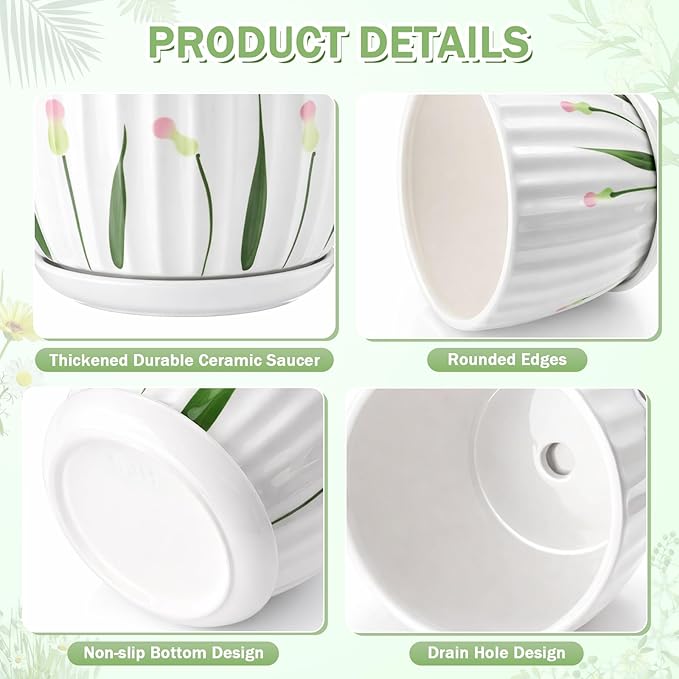 4 Pack Ceramic Orchid Pots with Drainage Holes and Tray 3.35+4.33+5.51+6.61 Inch Ceramic Plant Pot White Garden Planter for Indoor Outdoor Home Decor Gifts for Plant Lovers