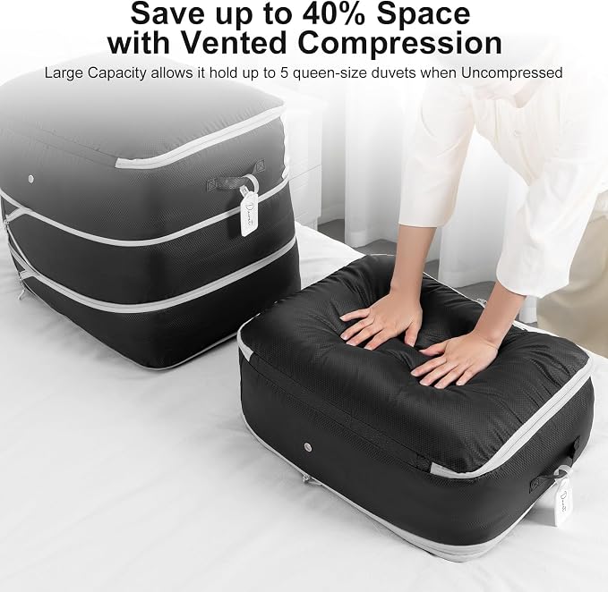 Comforter Storage Bag - Large Capacity Blanket Storage Bags 3-Layer Ultra Space Saving Self Compression Organizer, Washable Compression Bags for Storage Comforter Blanket, 2-Pack, Black