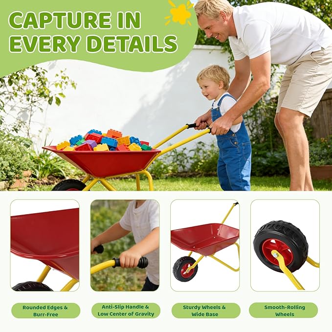 Kids Metal Wheelbarrow with Single Wheel,Children Garden Cart with Steel Tray and Non-Slip Handles, Sturdy Outdoor Yard Toy for Toddlers, Ideal for Sand, Leaves, and Soil (Red-Wheelbarrow)