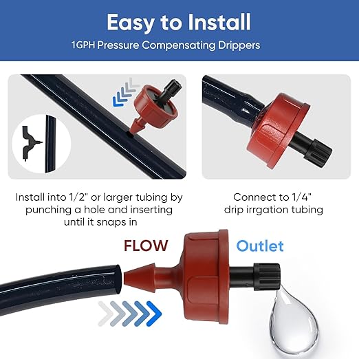1 GPH Pressure Compensating Drippers: 50 Pack Drip Irrigation Spot Drippers Constant Flow Drip Irrigation Emitters Drip Irrigation Parts for Drip Watering System