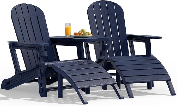 Vongrasig Adirondack Chairs Set of 2 with Removable Tabletop and Footrest, HDPE Plastic Outdoor Chair Set with Wooden Textured, Cup Holder for Patio, Poolside, Garden, Dark Blue, 5 Pieces