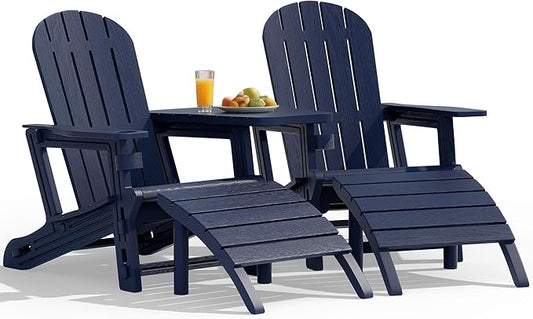 Vongrasig Adirondack Chairs Set of 2 with Removable Tabletop and Footrest, HDPE Plastic Outdoor Chair Set with Wooden Textured, Cup Holder for Patio, Poolside, Garden, Dark Blue, 5 Pieces