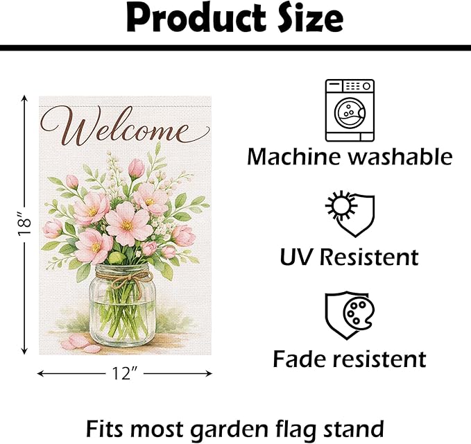Heyfibro Spring Garden Flag 12x18 Inch Double Sided Welcome Florals Blossom Jar Garden Flag Small Yard Flags for Outside House Farmhouse Seasonal Spring Outdoor Decorations