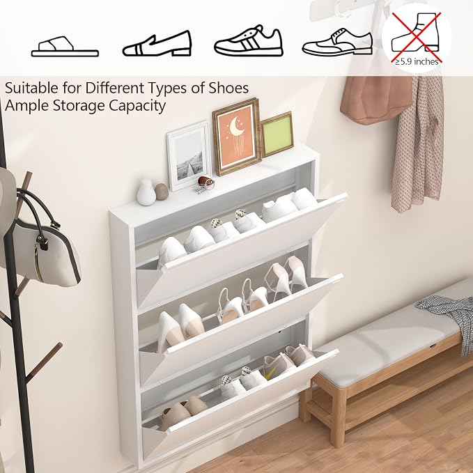 GREATMEET Slim Wall Mounted Metal Storage Cabinet with 3 Flip Drawers