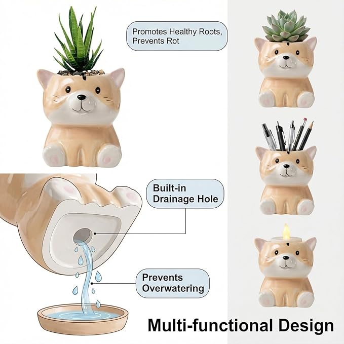 Cute Animal Ceramic Succulent Planters, Small Bonsai Planter, Aloe Cactus Succulent Plant Pots with Drainage Indoor Outdoor Use for Office Home Garden Decoration, Plants Not Included (Groundhog)