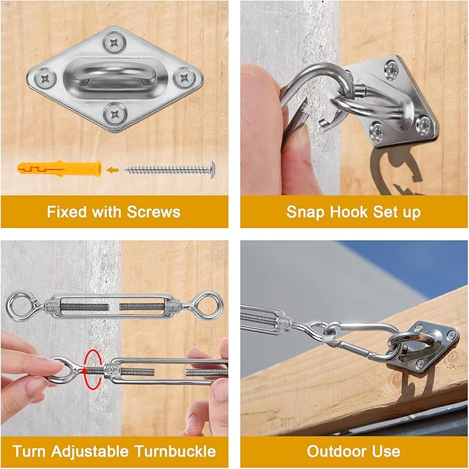 Duerer Sun Shade Sail Hardware Kit 52pcs for Rectangle Triangle Sun Shade Sails Canopy Installation 304 Stainless Steel Accessories Set for Outdoor Garden Patio(6" M6 Turnbuckles+ 4*6.6ft Cables Wire)