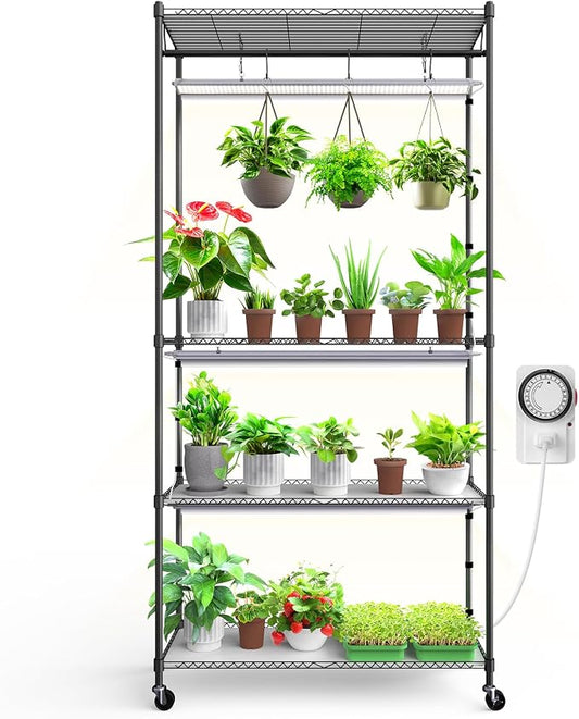 Barrina CX3 Plant Stand with Grow Light, 4-Tier, 108W, 35.4x13.8x70.9IN | 3FT 5000K Full Spectrum Plant Lamps, Indoor DIY Plant Shelf, Flower Pot Display Rack, Greenhouse, Wheel, Mechanical Timer