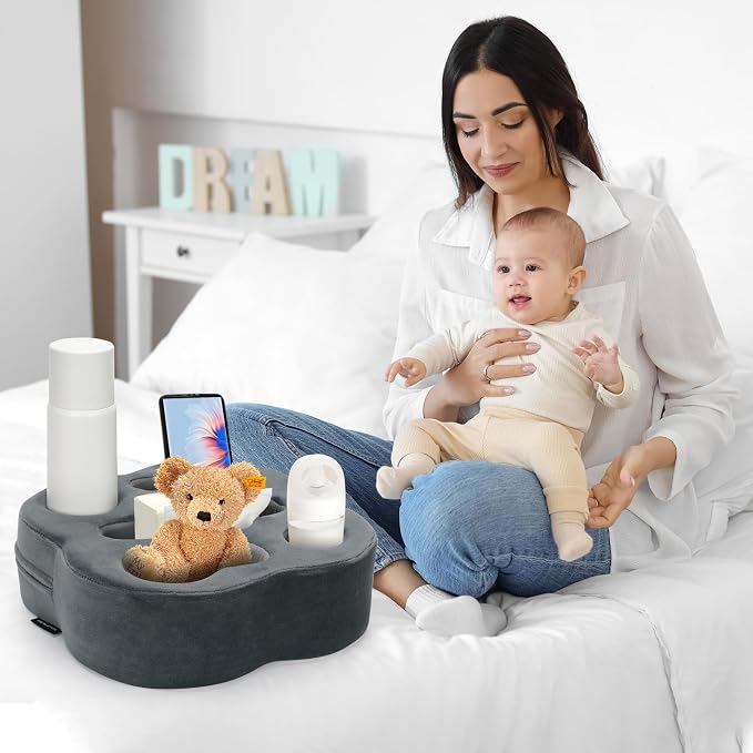 Couch Cup Holder Pillow, Sofa Organizer Caddy, Grey, 12x12x3.7Inch | Tray Pillow, Sofa Pillow Drink Tray Bed Refreshment Caddy for iPad, Drinks, Remotes, Phones, Snacks, Removable, Washable