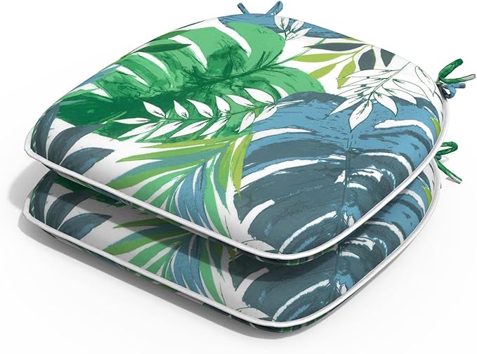 Outdoor Chair Cushions Set of 2, Water Resistant Patio Chair Pads with Ties, Seat Cushions for Home Garden Furniture Decoration, 16"x17", Islamorada Blue Green