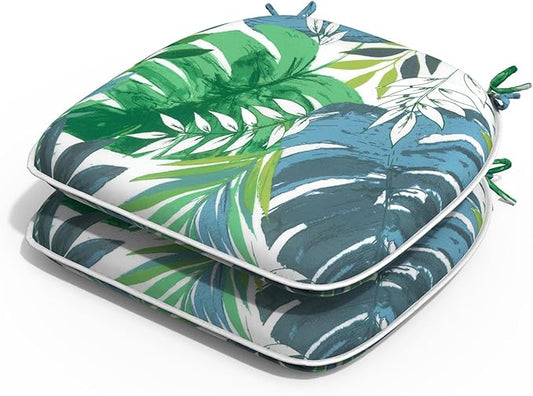 Outdoor Chair Cushions Set of 2, Water Resistant Patio Chair Pads with Ties, Seat Cushions for Home Garden Furniture Decoration, 16"x17", Islamorada Blue Green