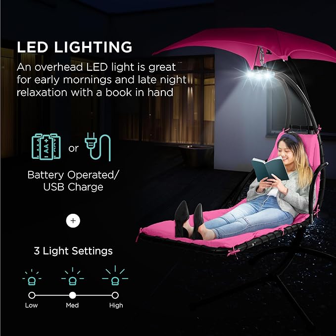 Best Choice Products Hanging LED-Lit Curved Chaise Lounge Chair Swing for Backyard, Patio, Lawn w/ 3 Light Settings, Weather-Resistant Pillow, Removable Canopy Shade, Steel Stand - Pink