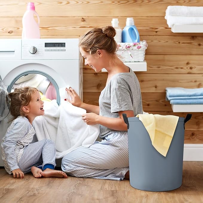 Large Laundry Hamper Bag, Dusty Blue Color Collapsible Laundry Basket with Drawstring Dirty Clothes Organizer Washing Bin for Family Essentials Storage