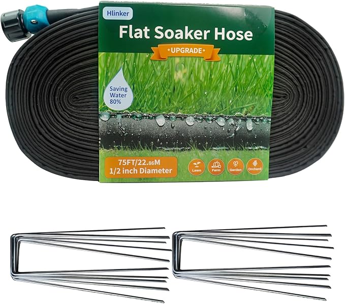 Hlinker 2025 Flat Soaker Hose 75 ft with Stake for Garden, Linkable Drip Hose Diy Automates Garden Irrigation System Saving 84% Water, Dual-layer Leak-free Design Water Hose with Holes