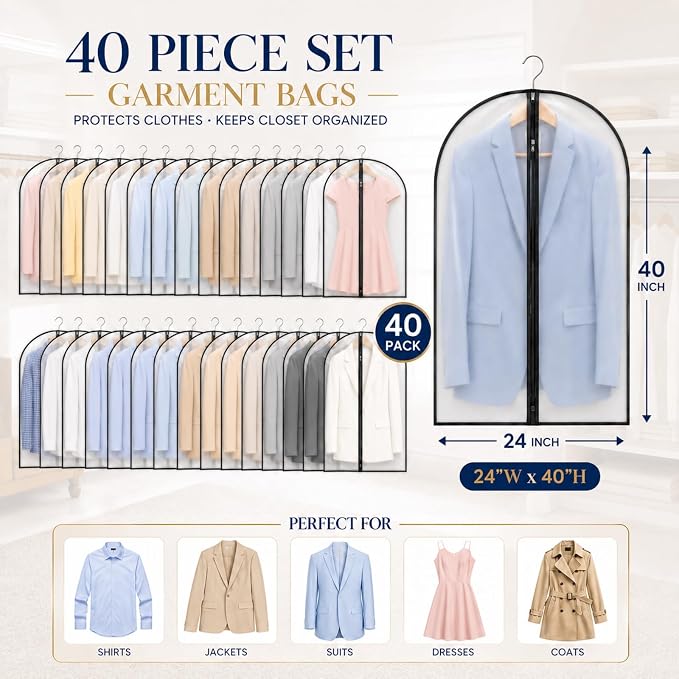 Amylove 40 Pcs 40" Suit Garment Bags for Closet Storage and Travel