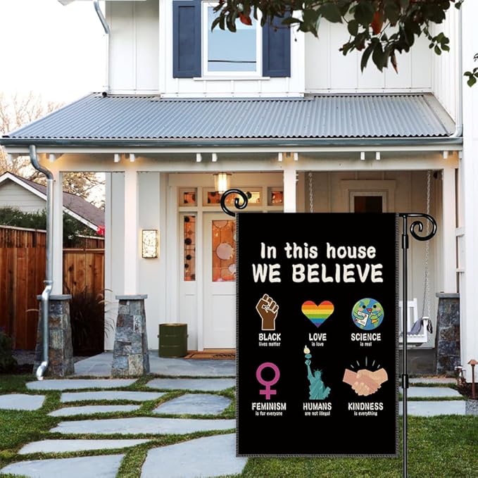 In This House We Believe Garden Flag, Funny Love is Love Flags for Outside, BLM Equality Ally Double Sided Outdoor Yard Sign, Pride Month Human Rights Decor Banner, Equal Feminism Garden Banner
