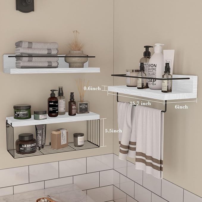 PopiShelves Bathroom Shelves Over Toilet for Wall, Floating Shelves with Storage Basket Paper Holer for Kitchen Living Room, Bedroom & Classroom, Set of 3 (White and Black)