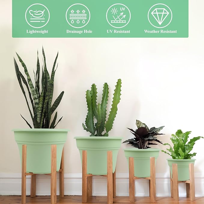 Pottiffe 10 Inch Plastic-Flower-Pot-for-Indoor-Plants, 4 Pack Large Outdoor Planter Pot with Drainage Holes & Saucers, Resin Decorative Garden Pots Planters