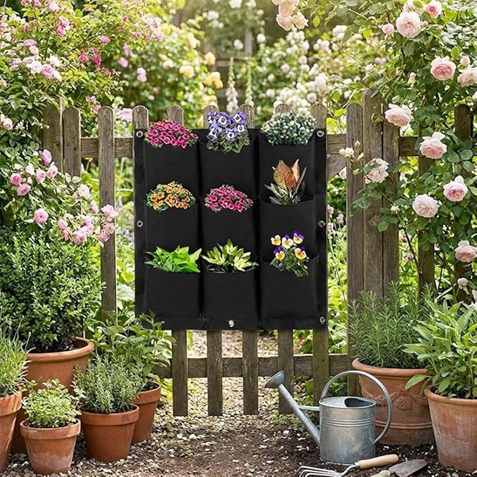 WFIST Vertical Hanging Planter Bag, Breathable Felt Wall Garden Planter with Metal Grommets, Indoor/Outdoor Space-Saving Herb & Flower Growing Pouch (9-Pocket)