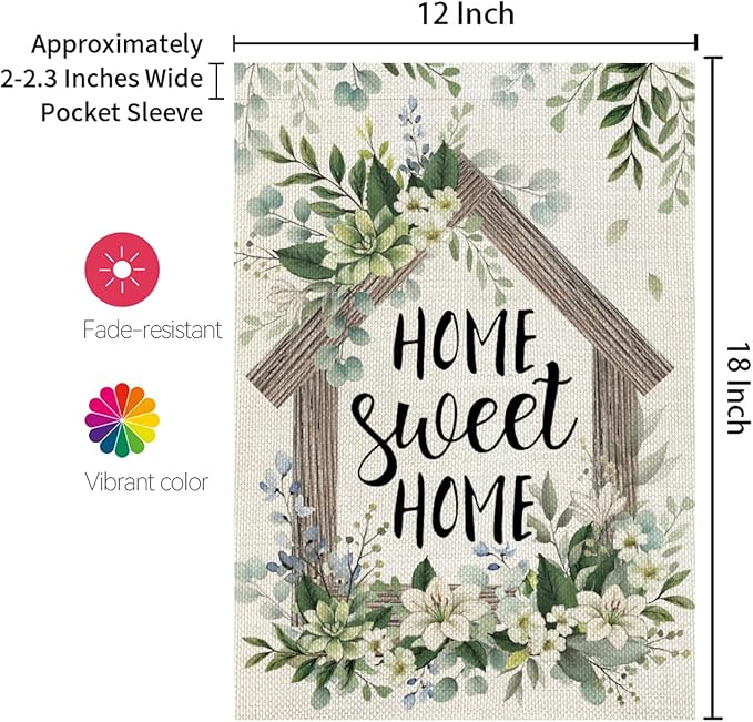 CROWNED BEAUTY Spring Home Sweet Home Garden Flag Eucalyptus Welcome 12x18 Inch Double Sided Small Floral Seasonal Holiday Decoration for Outdoor Lawn Yard