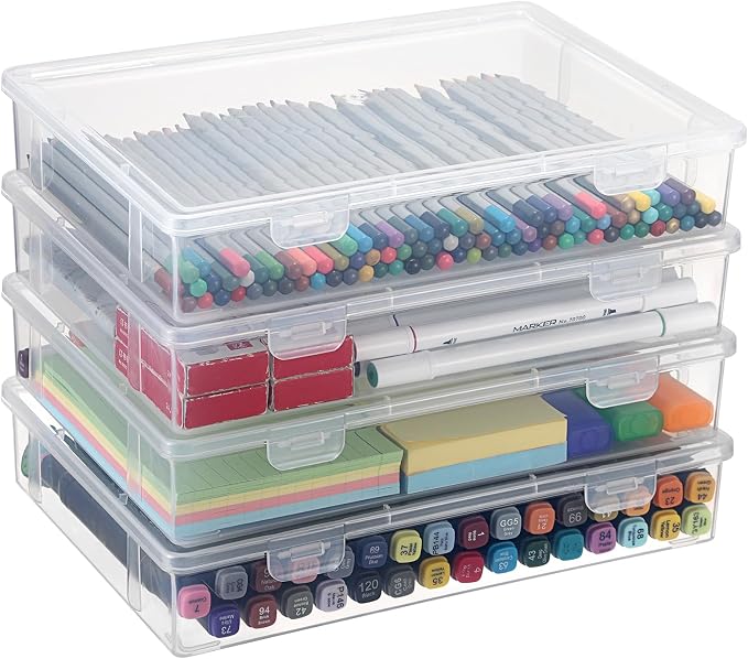 BTSKY Clear Plastic Storage Box with Flap Lid,4 Pack Medium-10.8"x7.9"x2.1"