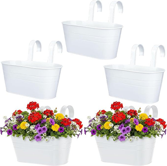 10.6 Inch 5 Pack Long Slot Wrought Iron Hanging Flower Pots Small Metal Hanging Flower Basket with Removable Hooks and Drainage Holes Suitable for Porch Railing Balcony Fence Garden (BS)