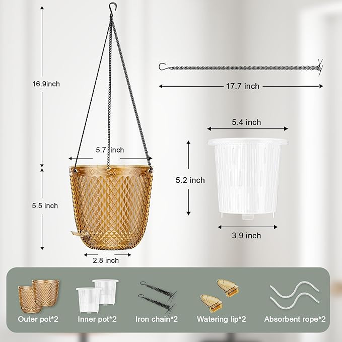 QCQHDU Self Watering Hanging Pots, 2 Pack 5.7 Inch Hanging Planters for Plants Indoor, Flower Pots with Drainage Holes and 3 Hooks Chains for Garden Home (Gold)