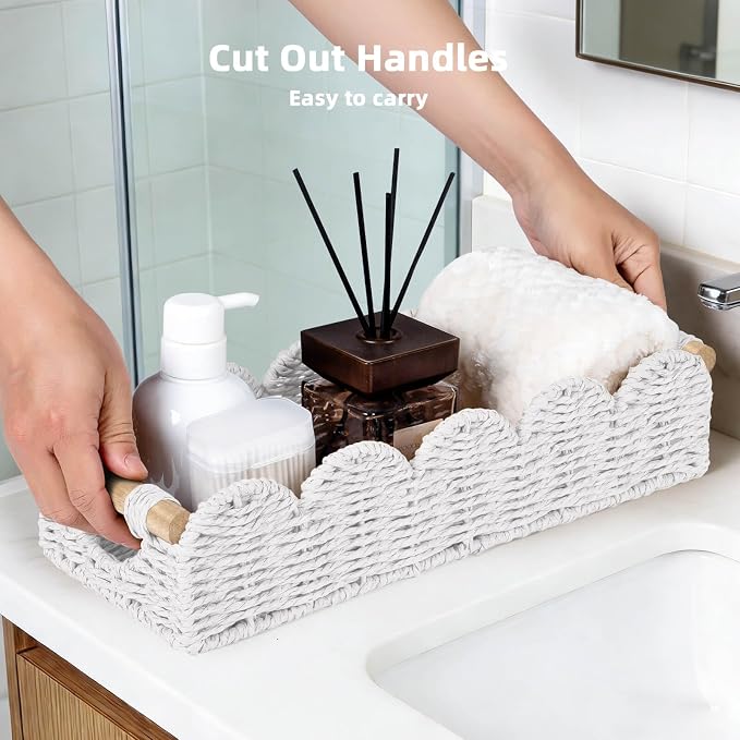 CubesLand Bathroom Basket Organizer, Toilet Tank Basket W/Cut Out Handle | Wicker Toilet Paper Storage Basket Tray, Scalloped Basket for Bathroom Countertop Decorative Also for Home Decor, White