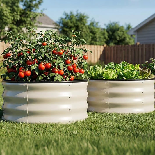 COMHOMA 2 Pack Round Raised Garden Bed 2x2x1ft,Galvanized Metal Planter Box Kit for Outdoor Gardening,Vegetable Flower Herb Growing Beds with Gloves Tools,White