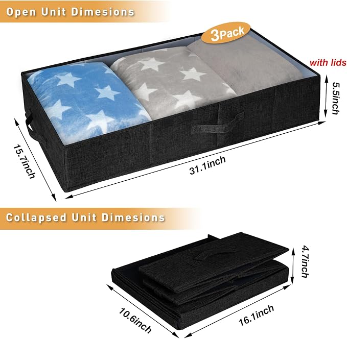 punemi 6 in Tall Stackable Under Bed Storage Containers, 3 Pack, Black