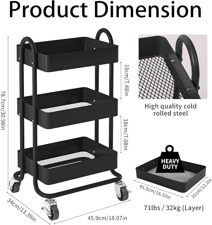 Metal Rolling Cart,3-Tier Metal Rolling Cart with Wheels,3 Tier Utility Cart with Wheels for Office,Home,Kitchen,Garden（13.4"x18.1"x31"） Black
