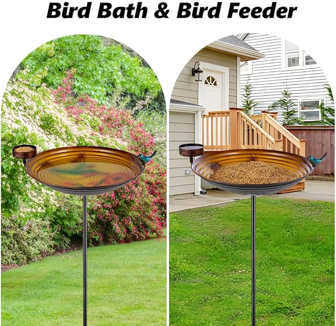 Metal Bird Baths for Outdoors, 39" H Birdbath with 13 Inch Bowl, Hummingbird Bird Bath & Bird Feeder with Stake for Outside Garden Patio Yard Lawn Decor，Yellow