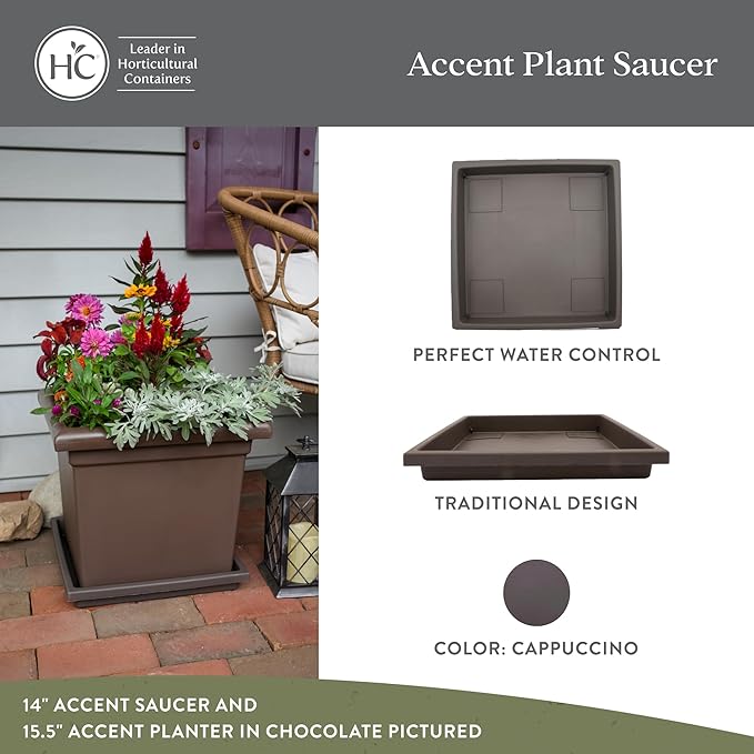 The HC Companies 14 Inch Accent Square Plant Saucer, Lightweight UV-Resistant Plastic Outdoor & Indoor Flower Pot Tray, 2-Pack Plant Pot Trays for Garden & Home Decor, Cappuccino