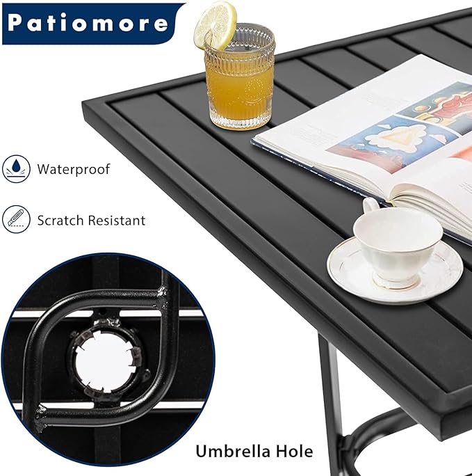 Patio Bar Table, Outdoor Bar Height Bistro Table with Umbrella Hole, Metal Frame and Slat Design, Black