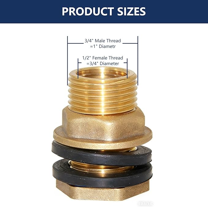 Leak-Proof Bulkhead Fitting 1/2" Female NPT x 3/4" Male GHT, Solid Brass Water Tank Connector for Rain Barrels, Troughs, Pools, Double Rubber Gasket, Rust-Resistant, DIY