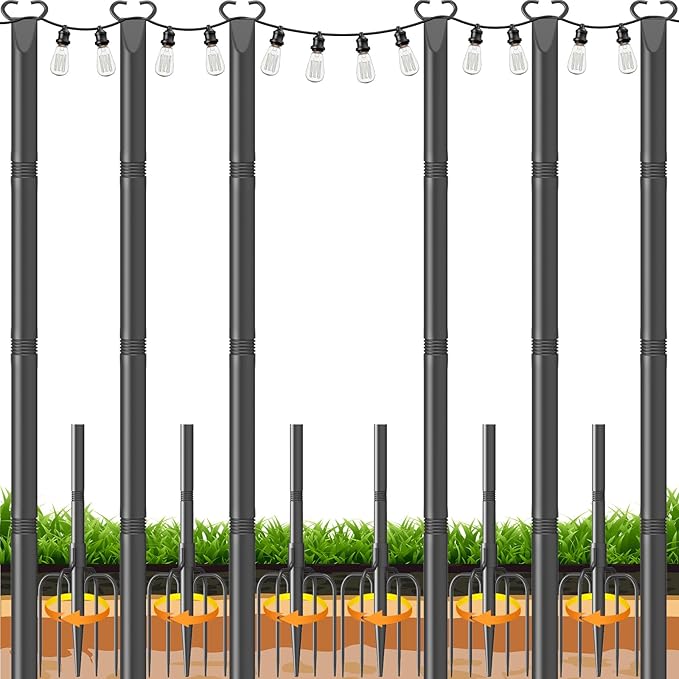 10Ft String Light Poles 6 Pack,Poles for Outdoor String Lights with Fork and Fence Clamp,Hanging Lights Metal Stand Post for Deck Patio Backyard Garden Decorations