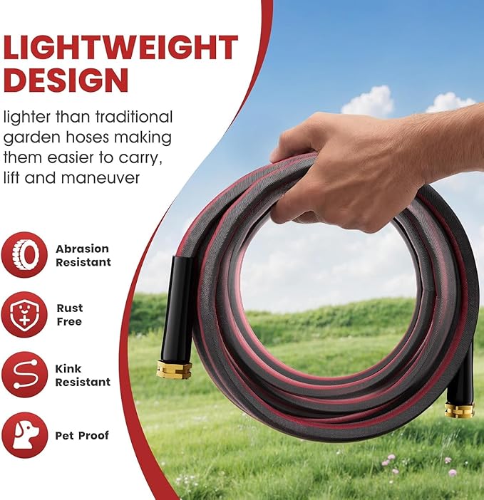 50ft Non-Expanding Garden Hose, Lightweight & Kink-Free, Flexible Heavy Duty Water Hose for Lawn, Yard, Car Washing (3/4" Solid Brass Fittings, Crush-Resistant)