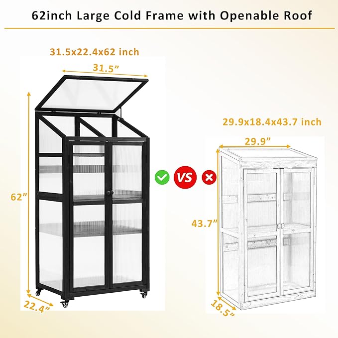 62'' H Wood Greenhouse for Outdoors, Portable Cold Frame Greenhouses with Wheels & Adjustable Shelves for Indoor, Garden, Patio Balcony,Easy Assembly,Black