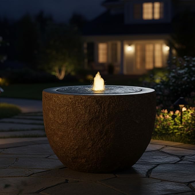 Sunnydaze Outdoor Water Fountain with LED Light - Polystone Oval Bowl Bubbler Water Feature with Pump - 13" H - for Patio, Garden, Deck, Relaxation and Stress Relief - Brown