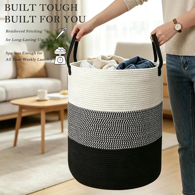 55L Woven Laundry Basket,Large Clothes Hamper with Handles-Black