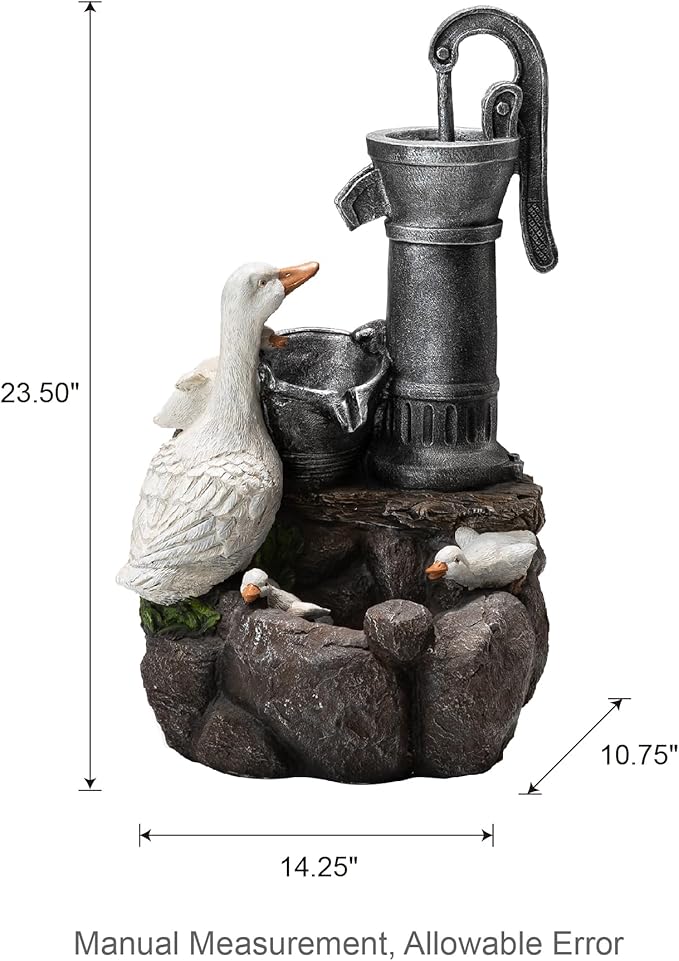 Glitzhome 23.5" Outdoor Duck Fountain with LED Light & Pump, Freestanding 2 Tier Weather-Resistant Patio Fountains Waterfall, Farmhouse Duck Family Sculpture Water Fountain for Backyard Lawn Decor