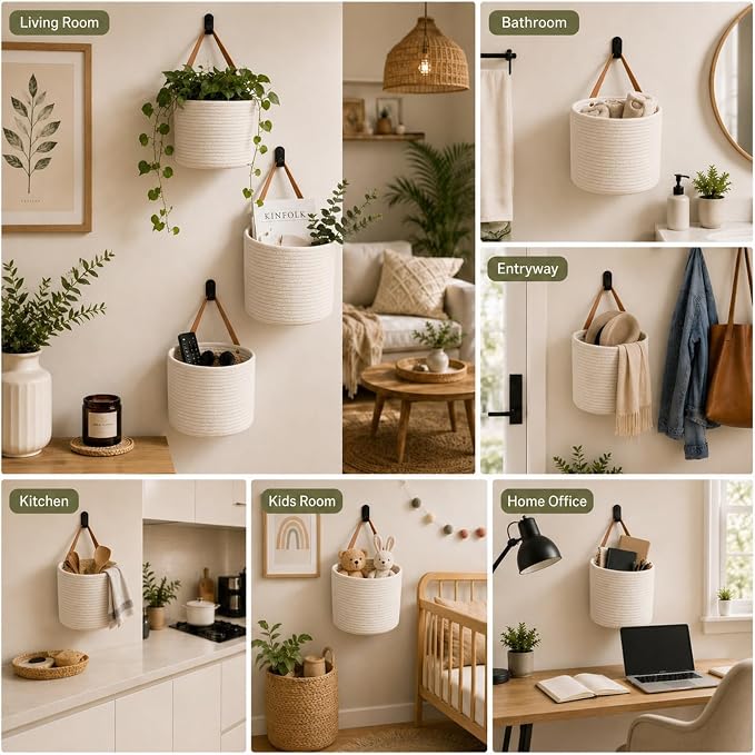 Honeydak 3 Hanging Baskets, White, Cylinder, Cotton Rope | Wicker Wall Baskets with Hooks for Fruit Vegetable Onion Storage, Teardrop Organizer for Kitchen, Boho Farmhouse Decor