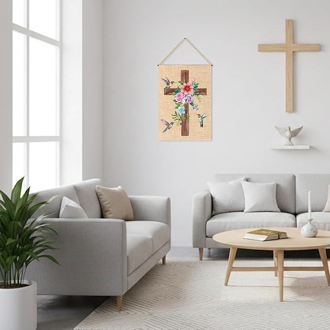 WATINC Spring Summer Hummingbird Flower Christian Cross Linen Garden Flag - 12 x 18 Inch Easter Religious Yard Flag for Outside, Double Sided House Outdoor Decoration for Porch Lawn Pathway (Pink)