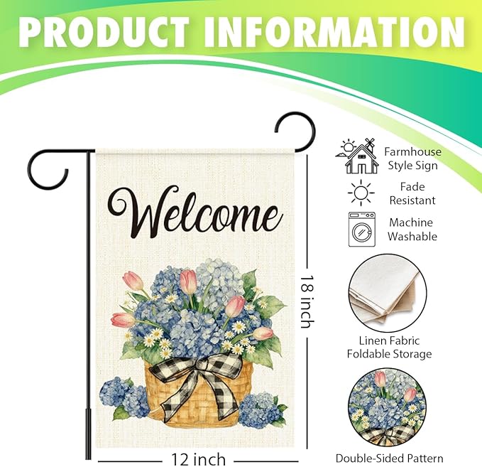 Welcome Flags for Outside,Spring Hydrangea Garden Flag for Yard Patio Lawn Decoration,12x18 Inch Double Sided