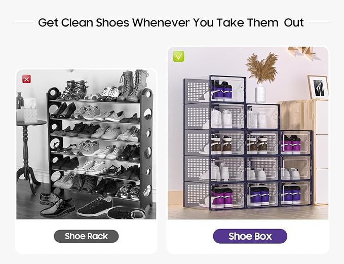 Kuject X-Large Shoe Storage Boxes 12 Pack, Clear Stackable Shoe Organizer